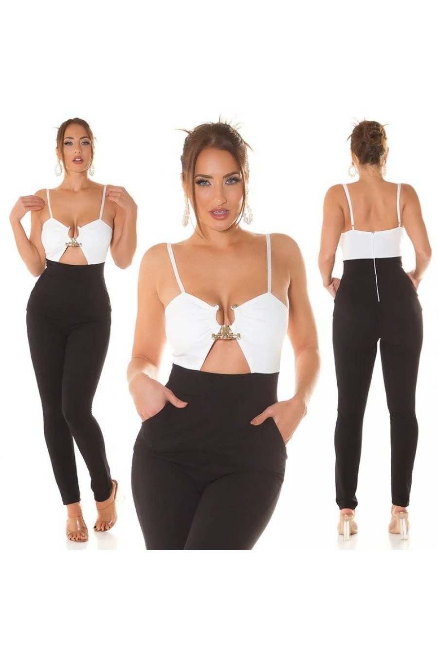 Salopeta eleganta, neagra cu bust alb, conica, cu decupaje, Hashna 5 - jojofashion.ro