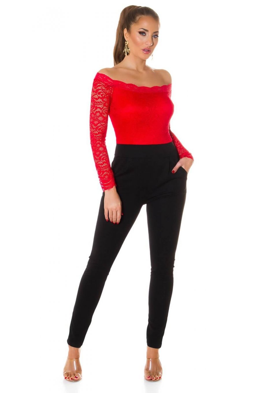 Salopeta eleganta neagra cu dantela rosie Tamia 1 - jojofashion.ro