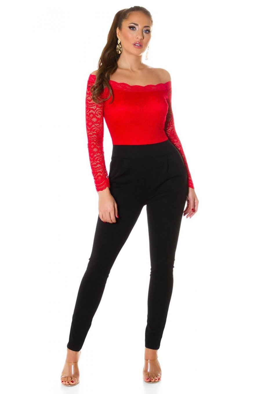 Salopeta eleganta neagra cu dantela rosie Tamia 3 - jojofashion.ro
