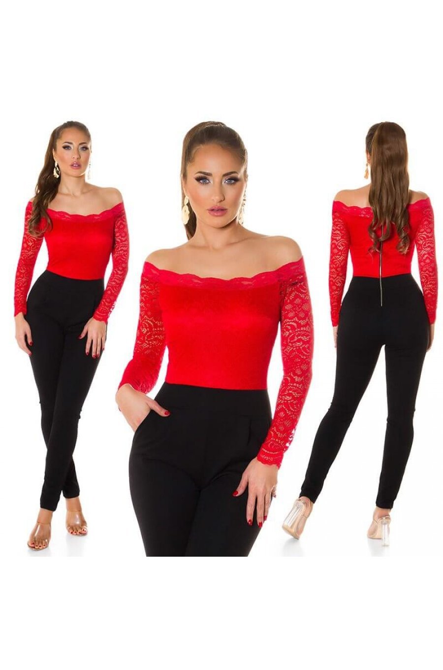 Salopeta eleganta neagra cu dantela rosie Tamia 4 - jojofashion.ro