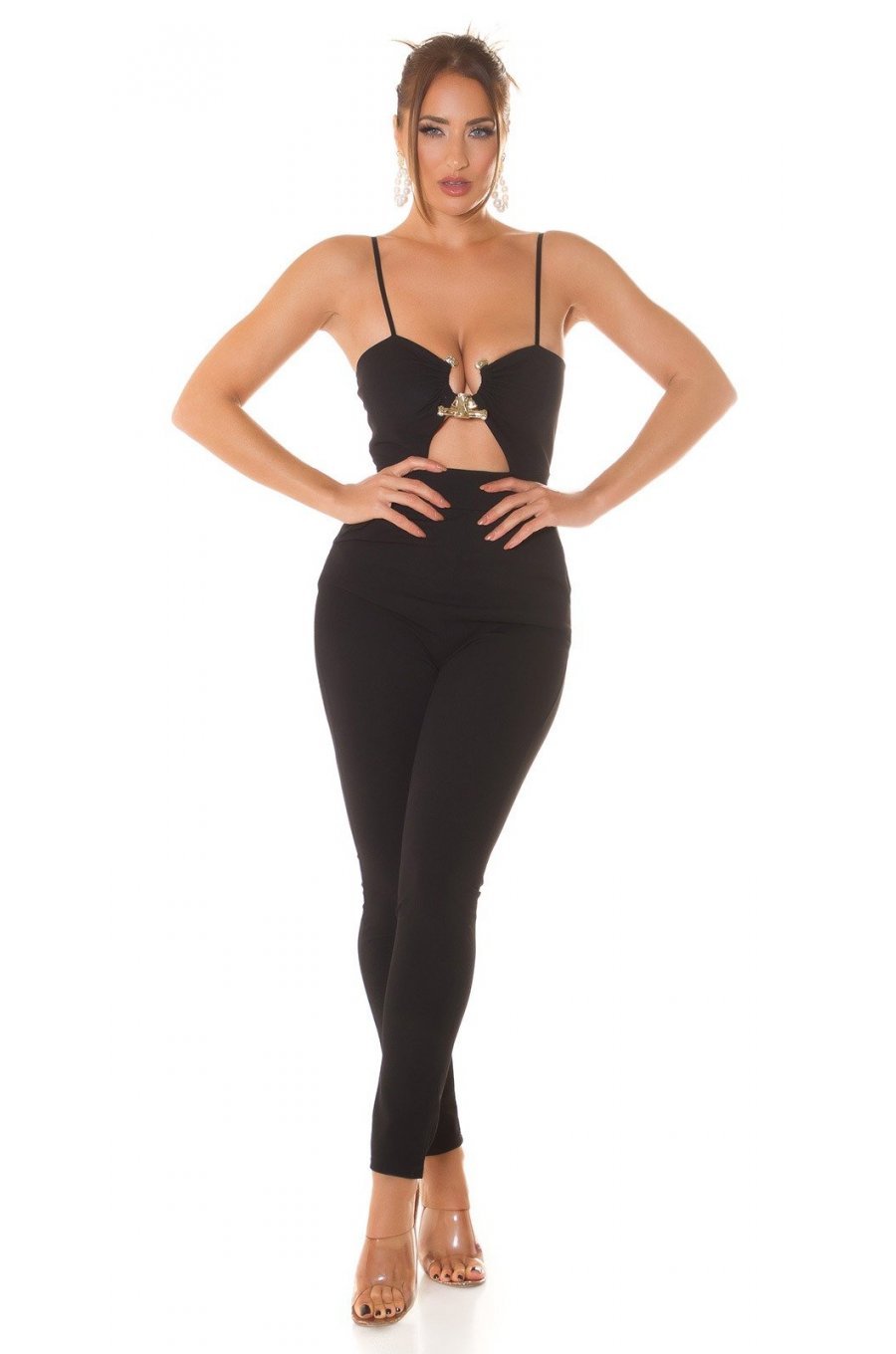 Salopeta eleganta, neagra cu decupaje pe bust, conica, Hashna 3 - jojofashion.ro