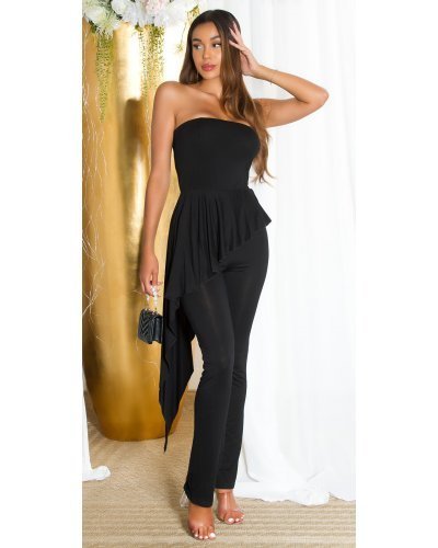 Salopeta eleganta, neagra, cu peplum si umeri goi, asimetrica, Justyne - jojofashion.ro