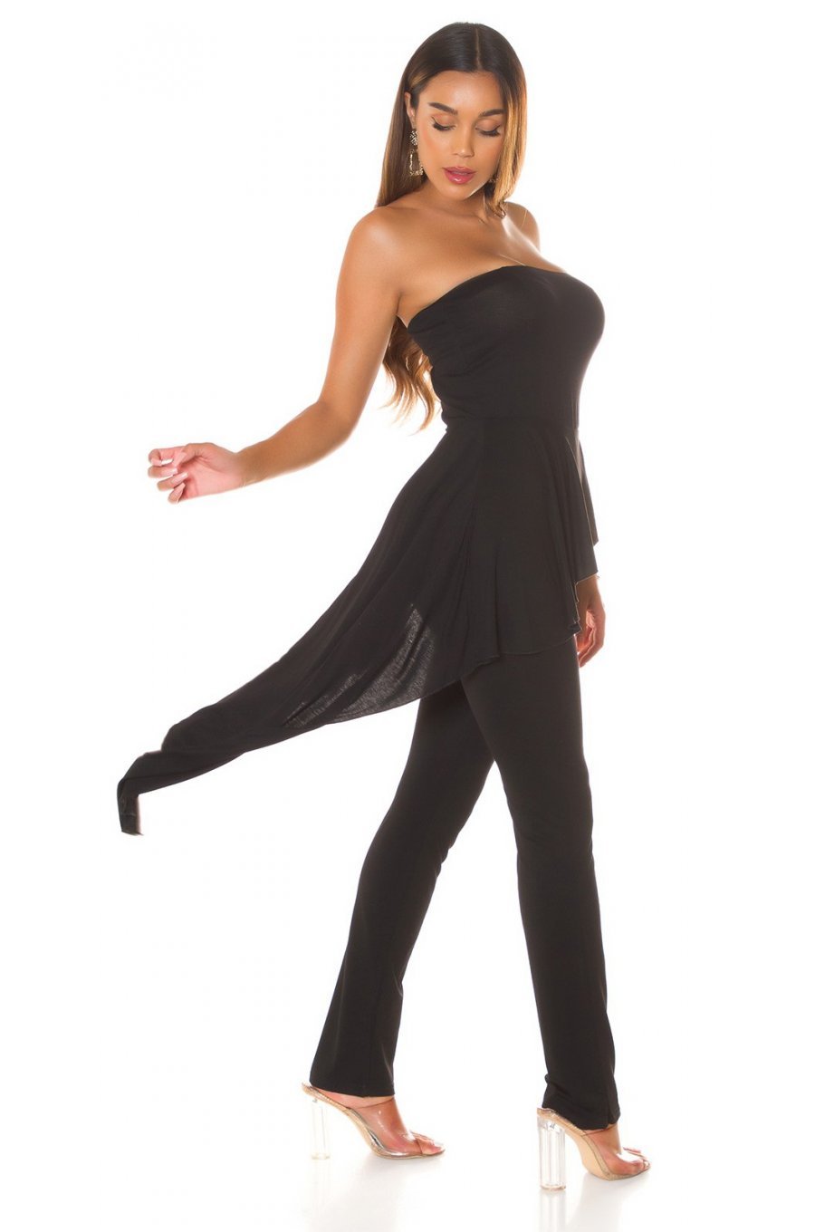 Salopeta eleganta, neagra, cu peplum si umeri goi, asimetrica, Justyne 3 - jojofashion.ro