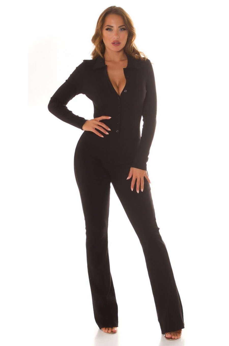 Salopeta dama eleganta, neagra, din bumbac, mulata, cu maneca lunga, Ceylo 3 - jojofashion.ro