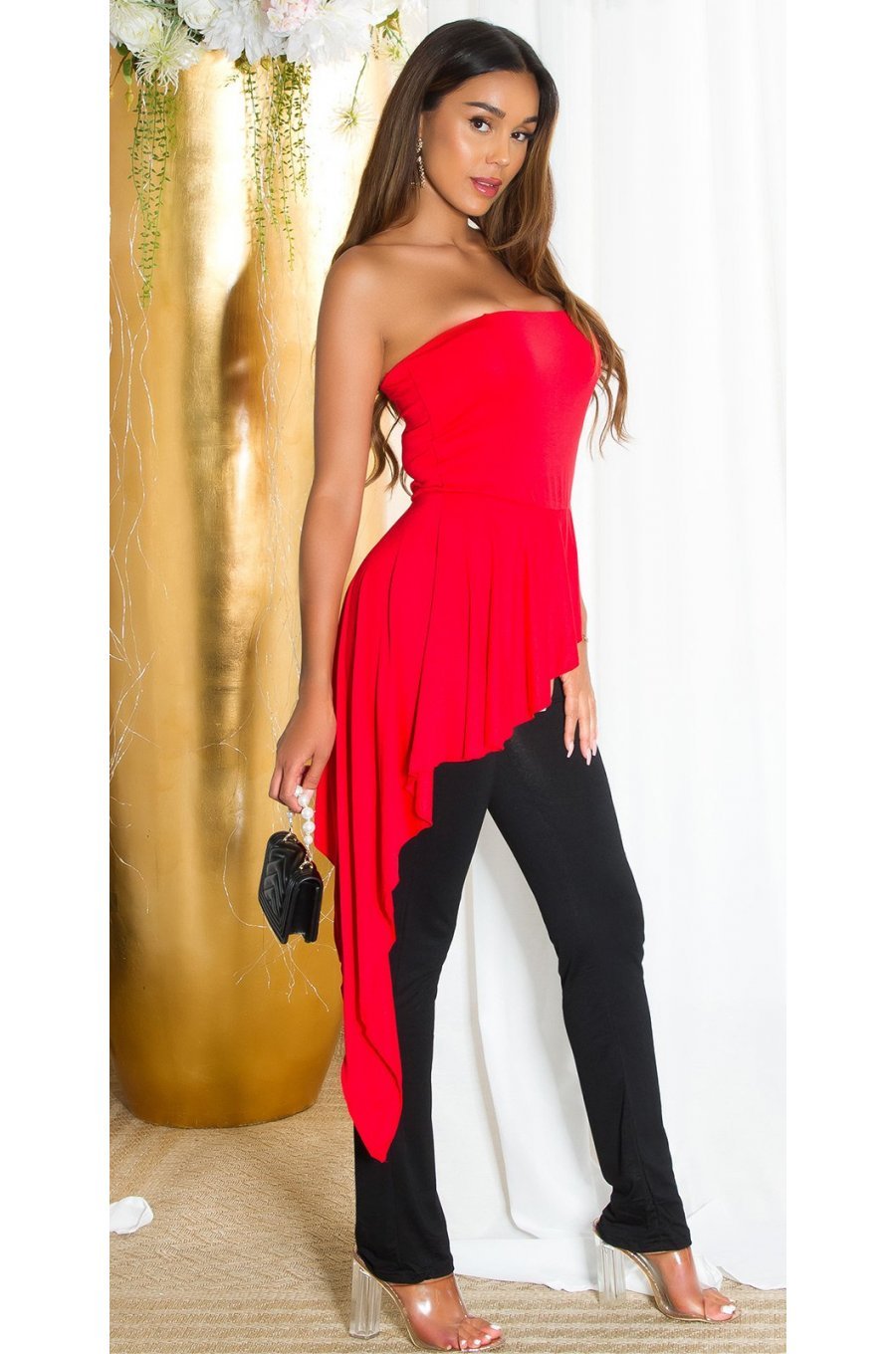 Salopeta eleganta, rosie, cu peplum si umeri goi, asimetrica, Justyne 1 - jojofashion.ro