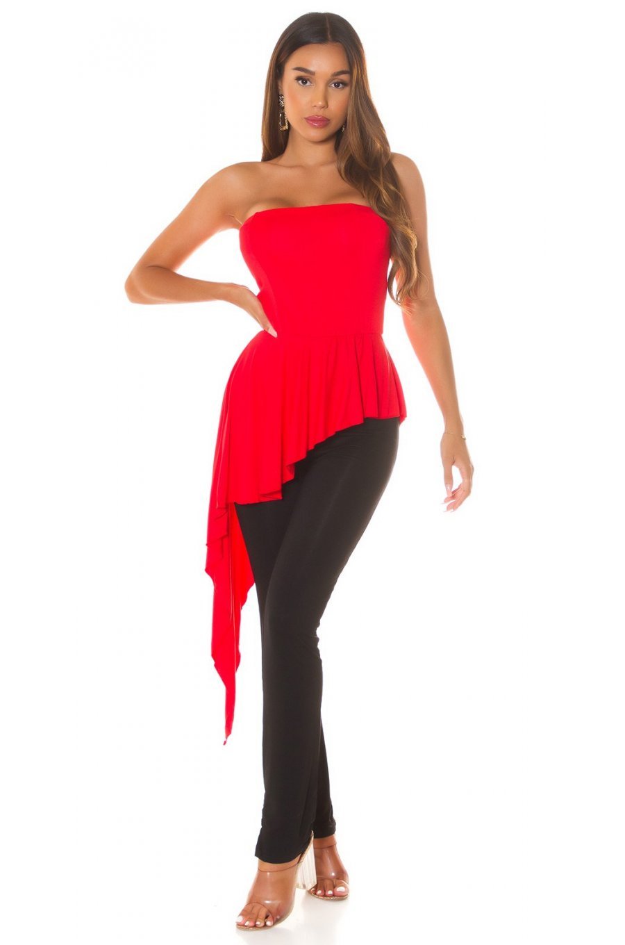 Salopeta eleganta, rosie, cu peplum si umeri goi, asimetrica, Justyne 3 - jojofashion.ro