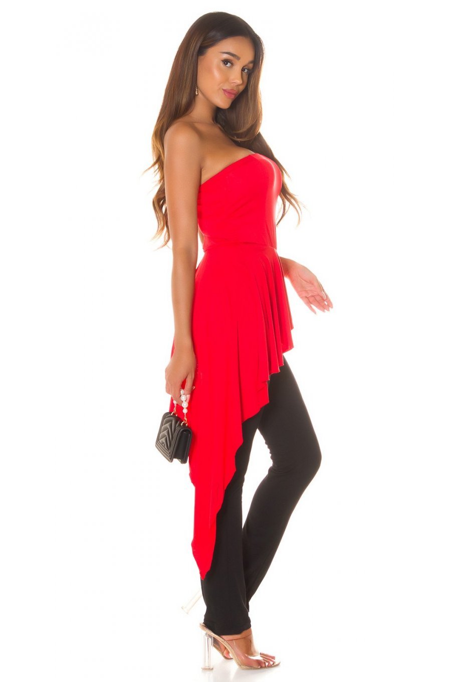 Salopeta eleganta, rosie, cu peplum si umeri goi, asimetrica, Justyne 4 - jojofashion.ro