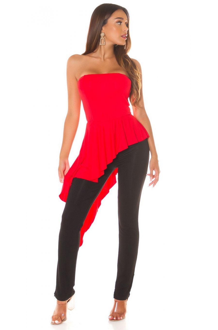Salopeta eleganta, rosie, cu peplum si umeri goi, asimetrica, Justyne 5 - jojofashion.ro