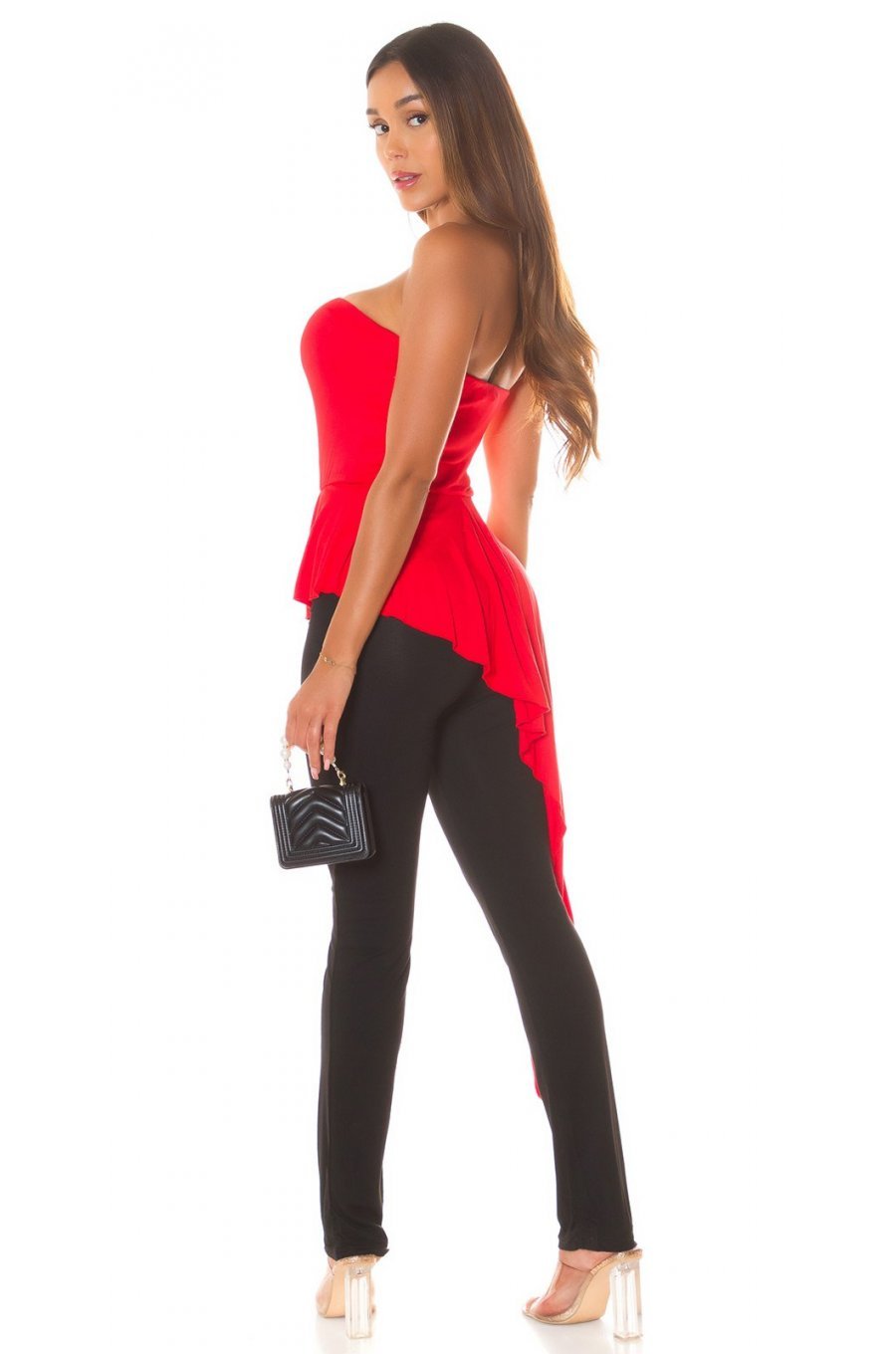 Salopeta eleganta, rosie, cu peplum si umeri goi, asimetrica, Justyne 6 - jojofashion.ro