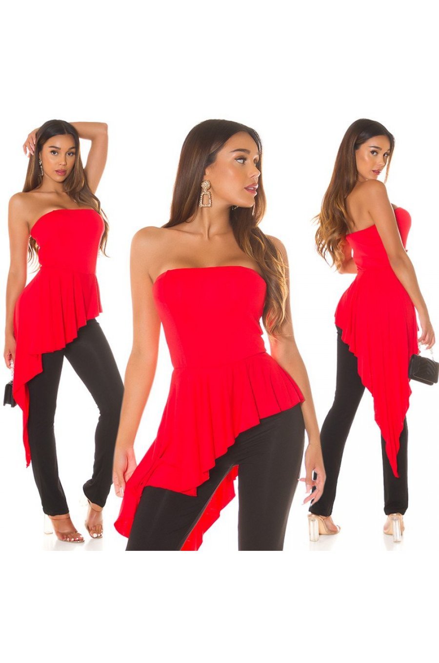 Salopeta eleganta, rosie, cu peplum si umeri goi, asimetrica, Justyne 8 - jojofashion.ro