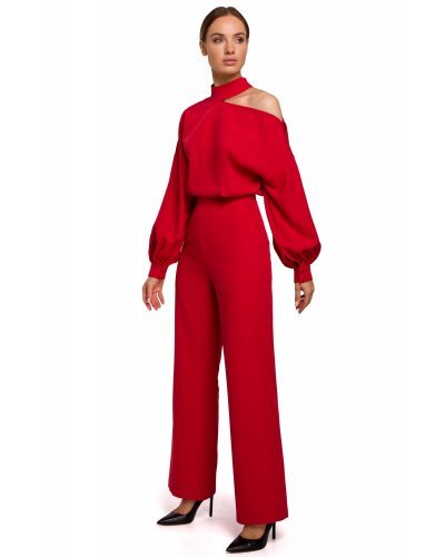 Salopeta dama eleganta, rosie, evazata, cu maneci lungi, asimetrica Jolie Salopete dama, Salopeta dama eleganta, rosie, evazata, cu maneci lungi, asimetrica Jolie - jojofashion.ro