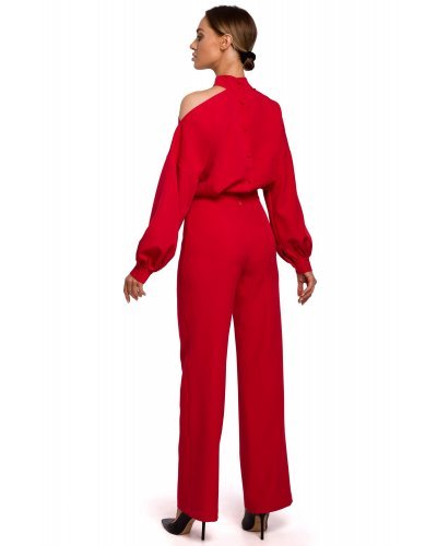 Salopeta dama eleganta, rosie, evazata, cu maneci lungi, asimetrica Jolie Salopete dama, Salopeta dama eleganta, rosie, evazata, cu maneci lungi, asimetrica Jolie - jojofashion.ro