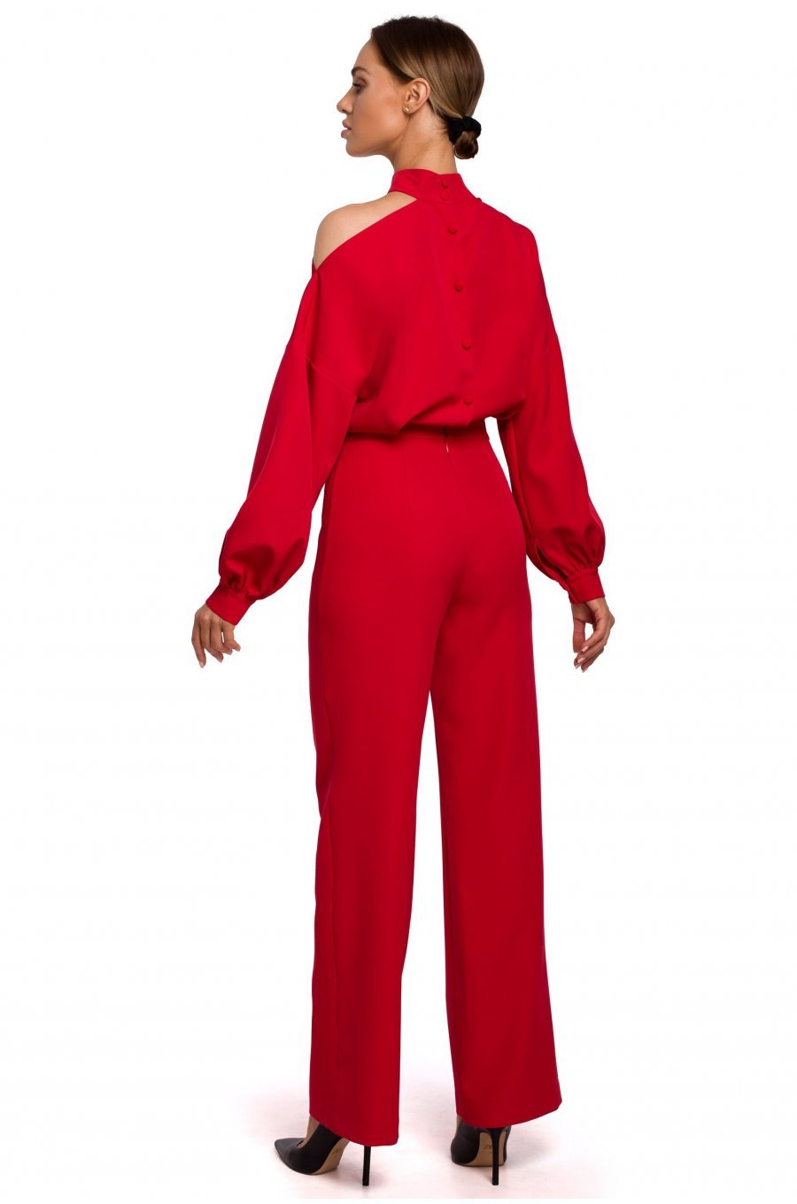 Salopeta dama eleganta, rosie, evazata, cu maneci lungi, asimetrica Jolie 2 - jojofashion.ro