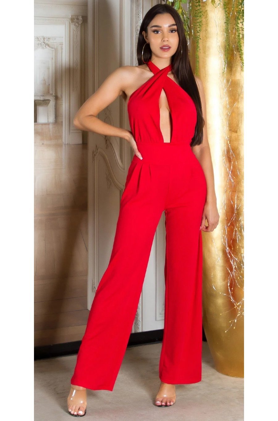 Salopeta dama eleganta, rosie, evazata, cu spatele gol, Laura 1 - jojofashion.ro