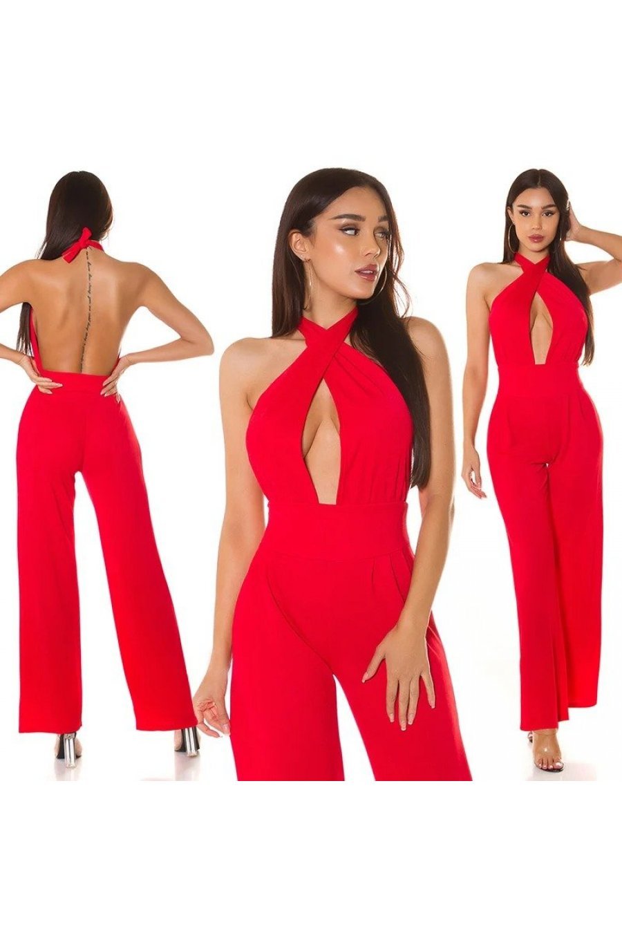 Salopeta dama eleganta, rosie, evazata, cu spatele gol, Laura 5 - jojofashion.ro
