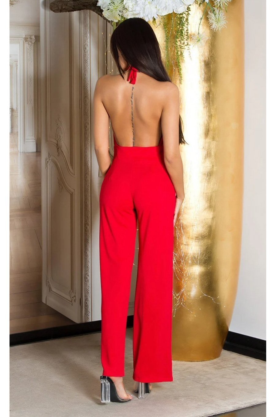Salopeta dama eleganta, rosie, evazata, cu spatele gol, Laura 3 - jojofashion.ro