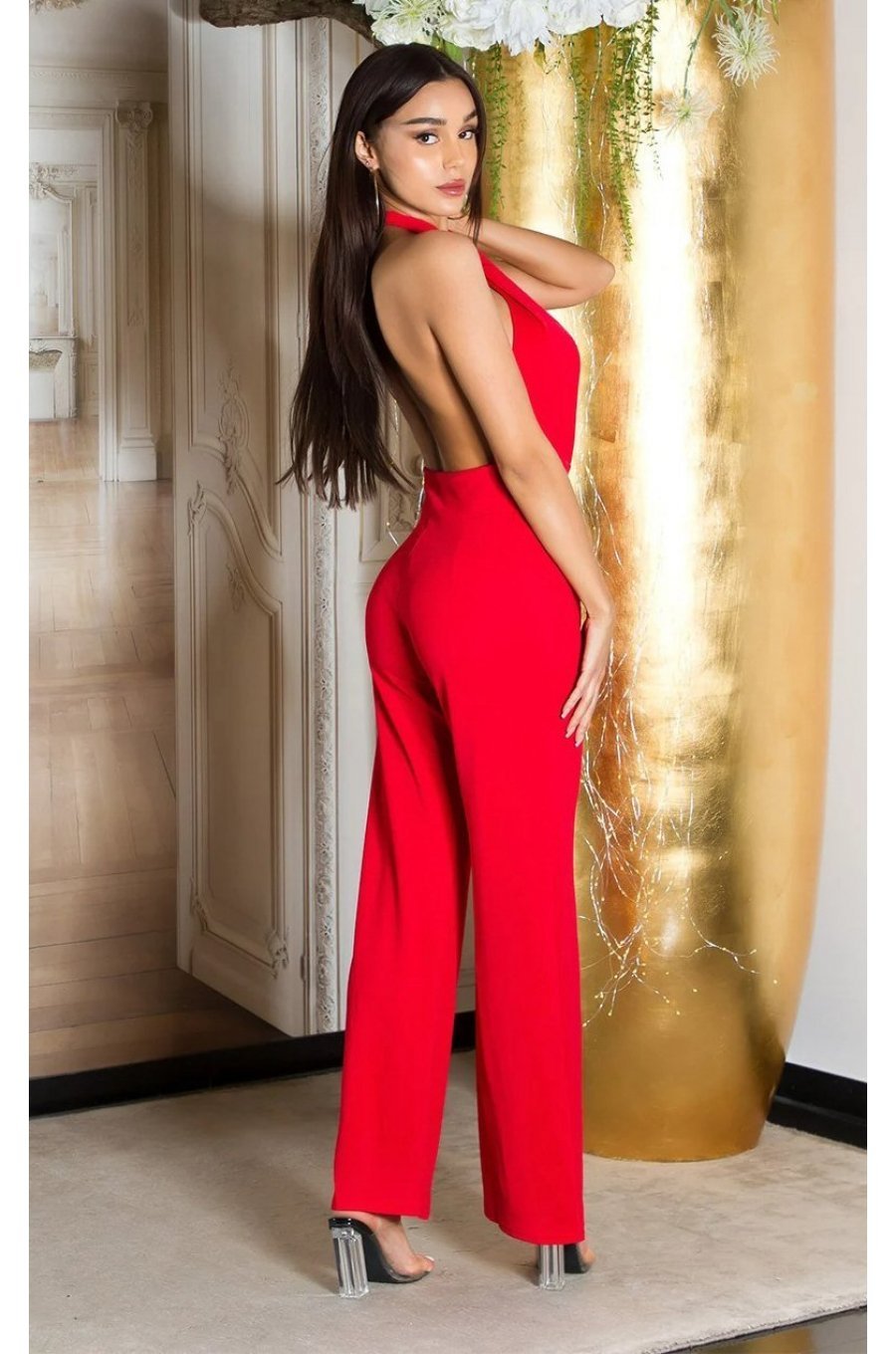 Salopeta dama eleganta, rosie, evazata, cu spatele gol, Laura 2 - jojofashion.ro