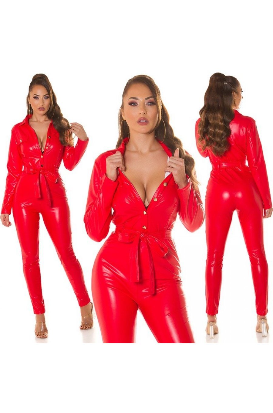 Salopeta dama, rosie, imitatie piele, cu maneca lunga, Shanny 6 - jojofashion.ro