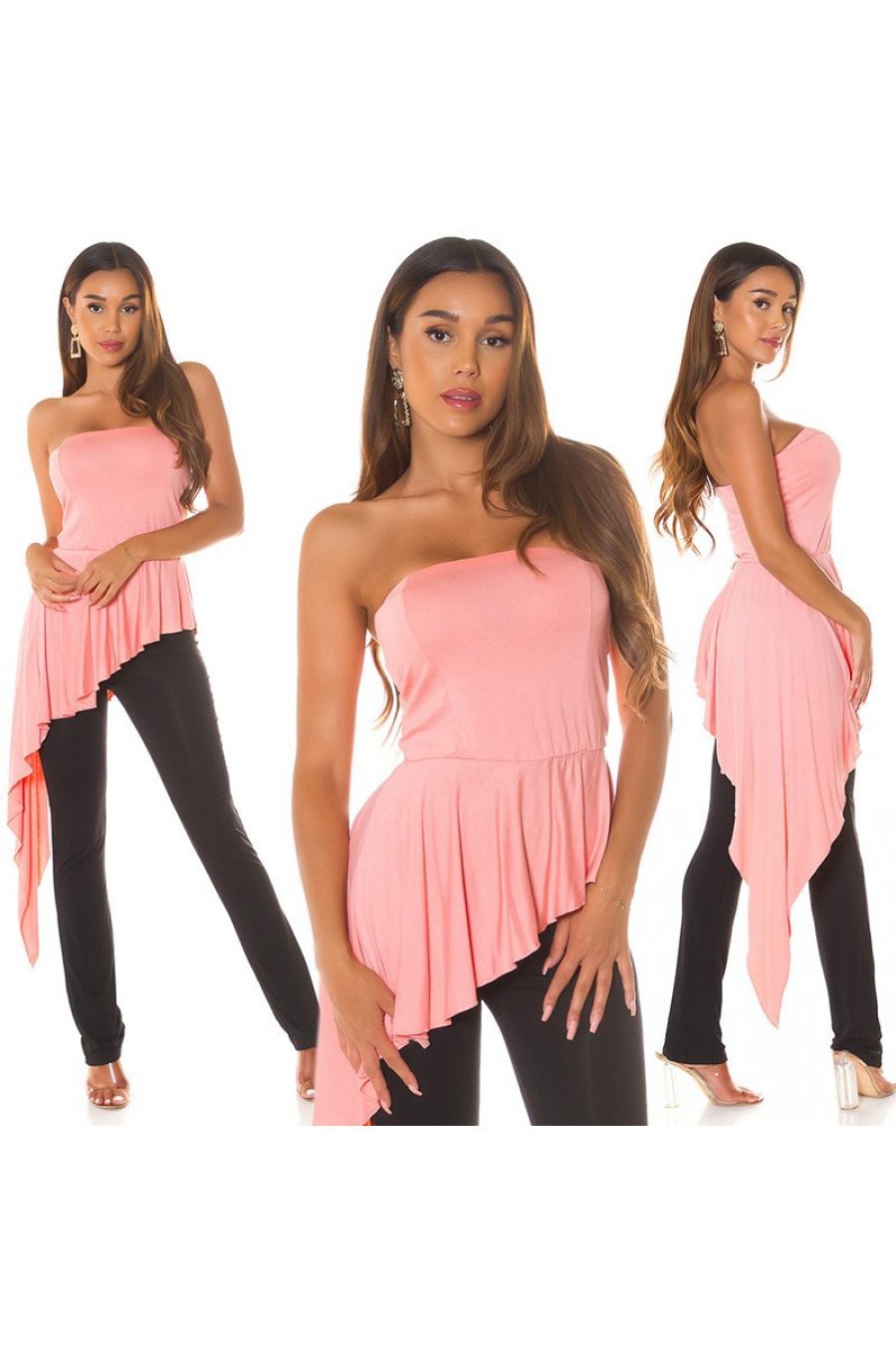 Salopeta eleganta, roz somon, cu peplum si umeri goi, asimetrica, Justyne 8 - jojofashion.ro
