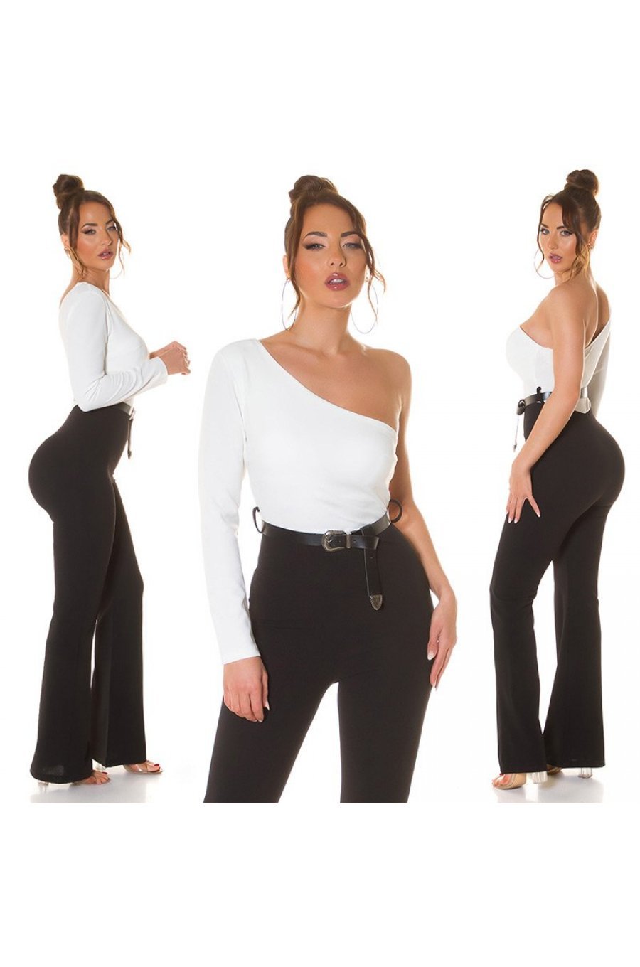 Salopeta evazata, neagra, cu bustul alb, cu un umar gol si o maneca lunga, Irinushka 7 - jojofashion.ro