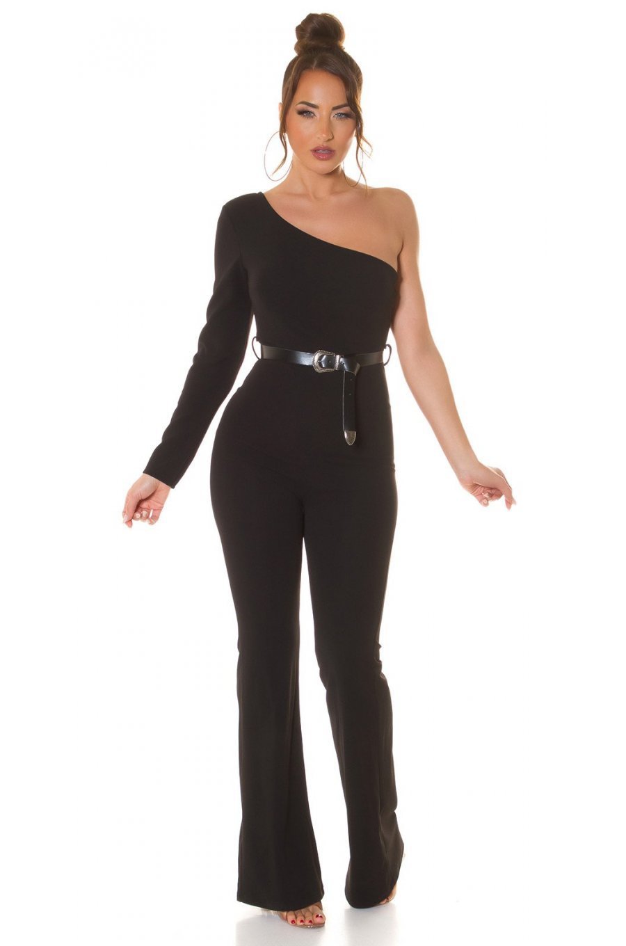 Salopeta evazata, neagra, cu un umar gol si o maneca lunga, Irinushka 3 - jojofashion.ro