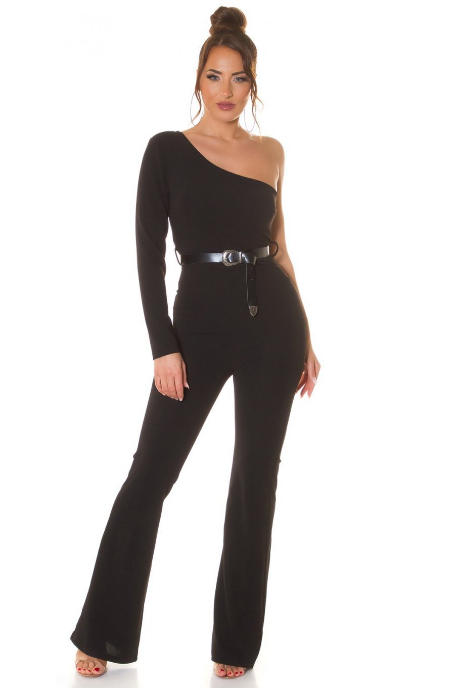 Salopeta evazata, neagra, cu un umar gol si o maneca lunga, Irinushka 5 - jojofashion.ro