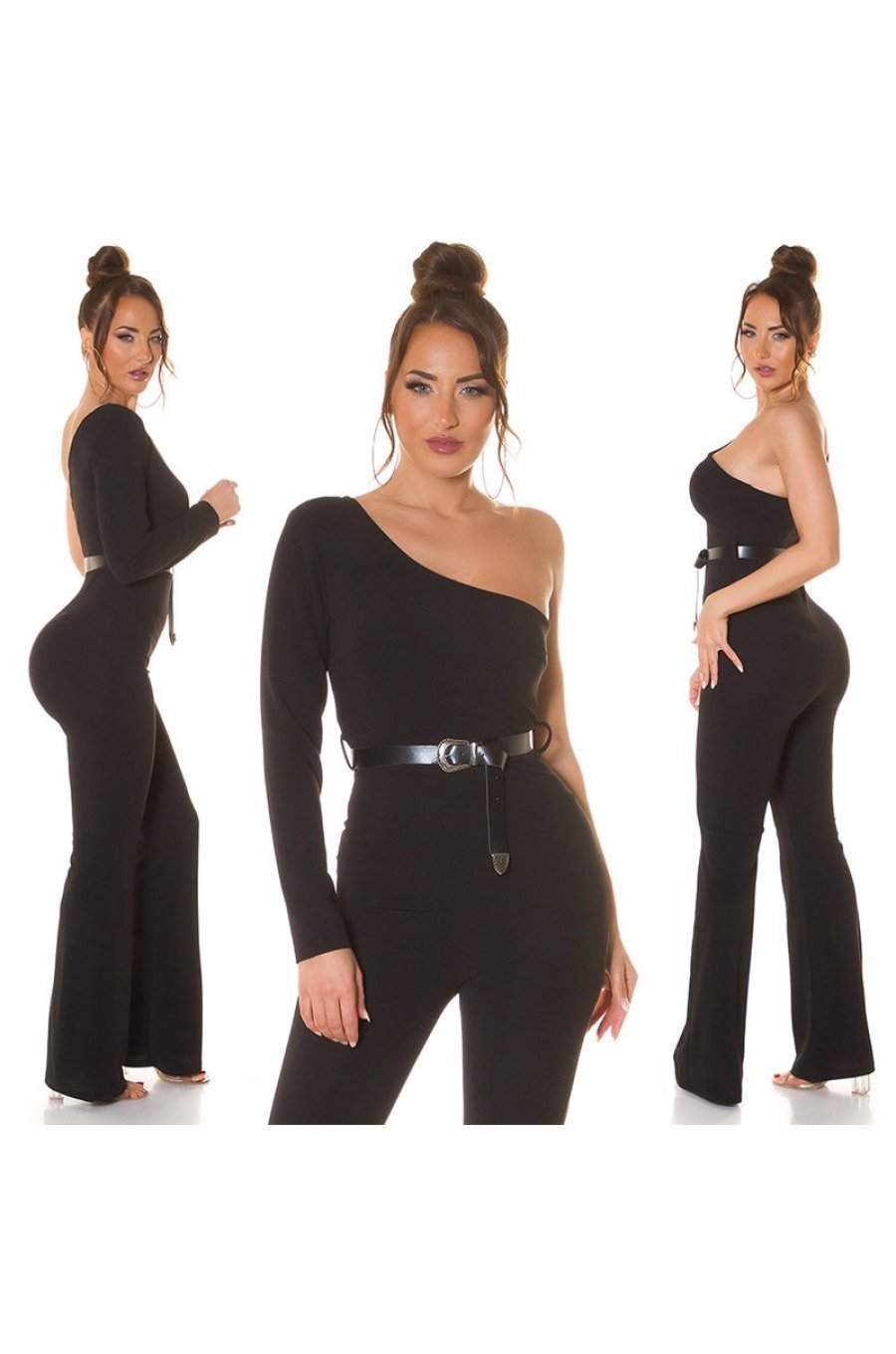 Salopeta evazata, neagra, cu un umar gol si o maneca lunga, Irinushka 6 - jojofashion.ro