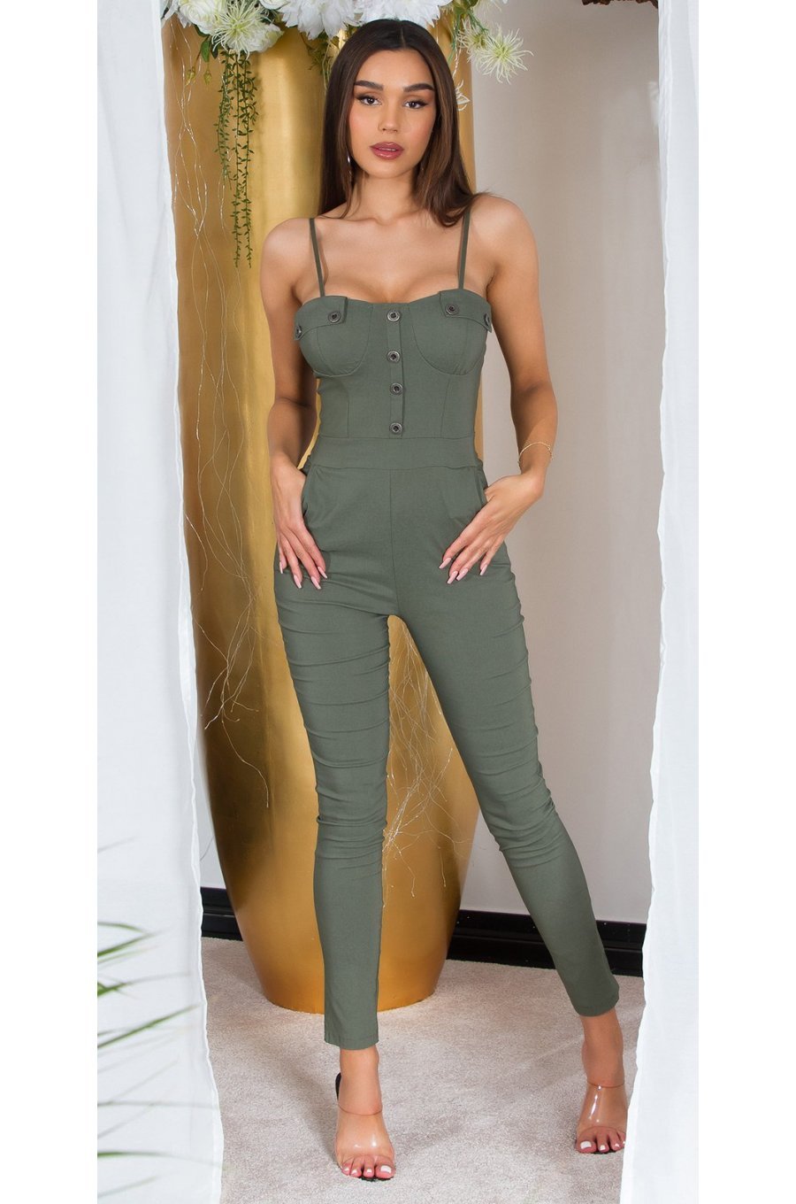 Salopeta dama mulata kaki, vascoza si nylon, Gabriele Salopeta dama mulata kaki, vascoza si nylon, Gabriele 1 - jojofashion.ro