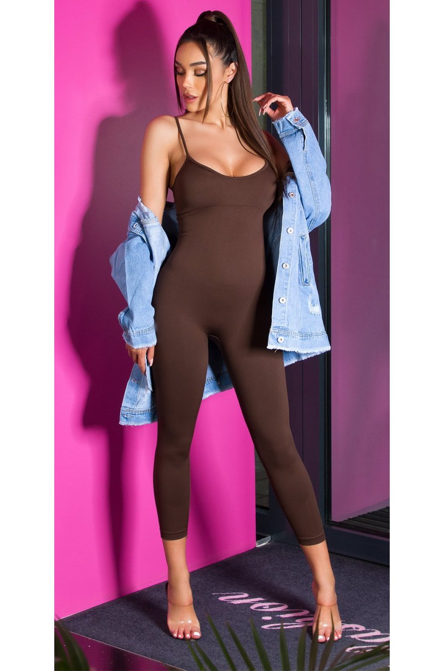 Salopeta mulata, maro, din nylon, Rebecka 1 - jojofashion.ro