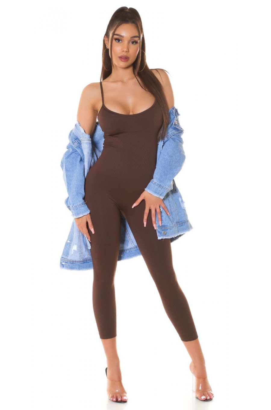 Salopeta mulata, maro, din nylon, Rebecka 3 - jojofashion.ro