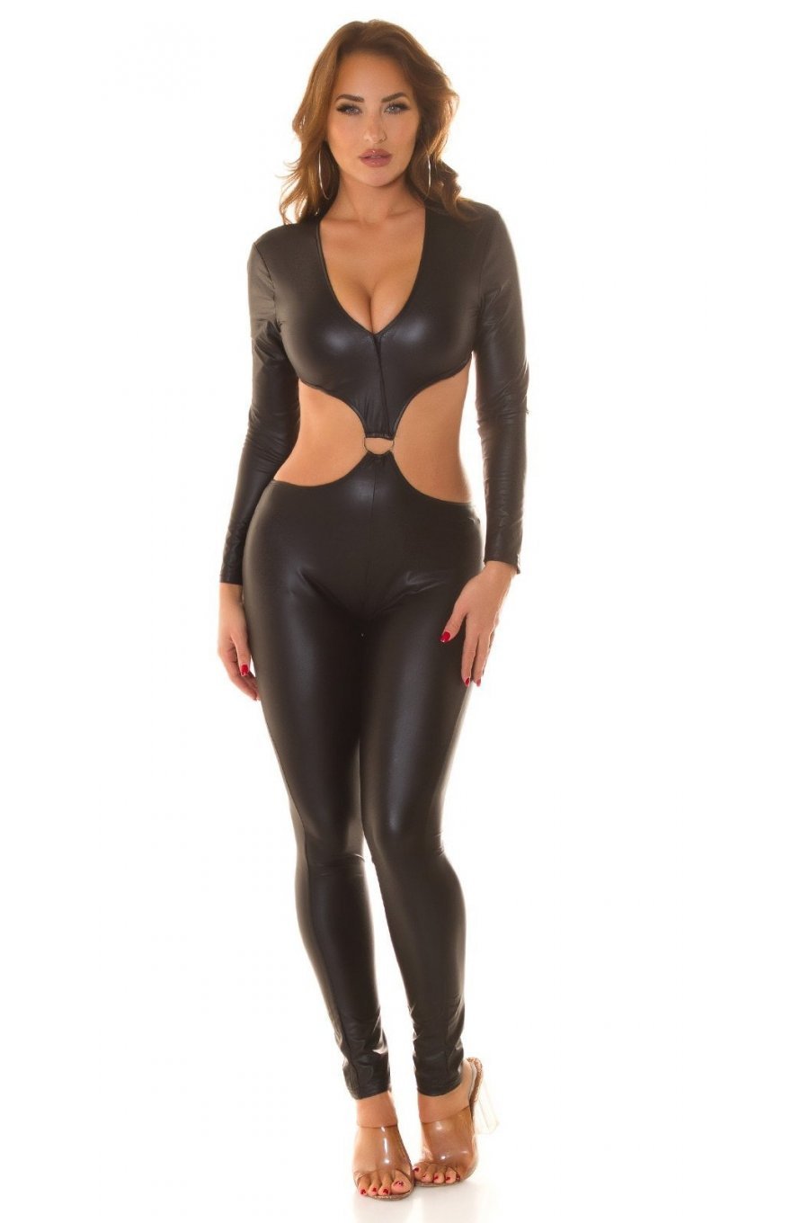 Salopeta mulata, neagra, WetLook, cu decupaje in talie, Cemre Salopeta mulata, neagra, WetLook, cu decupaje in talie, Cemre 3 - jojofashion.ro