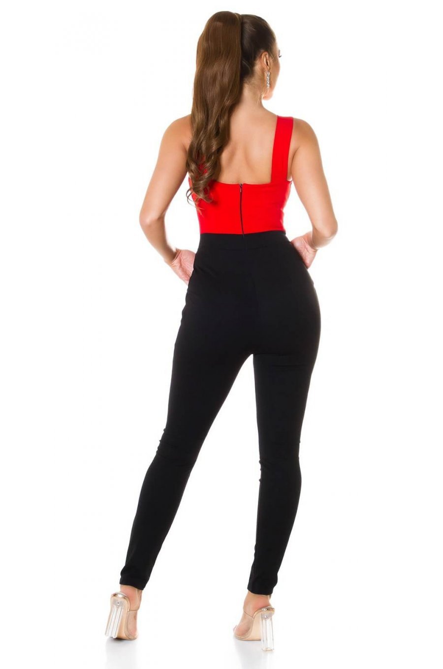 Salopeta dama neagra cu bust rosu in V Inessa 2 - jojofashion.ro