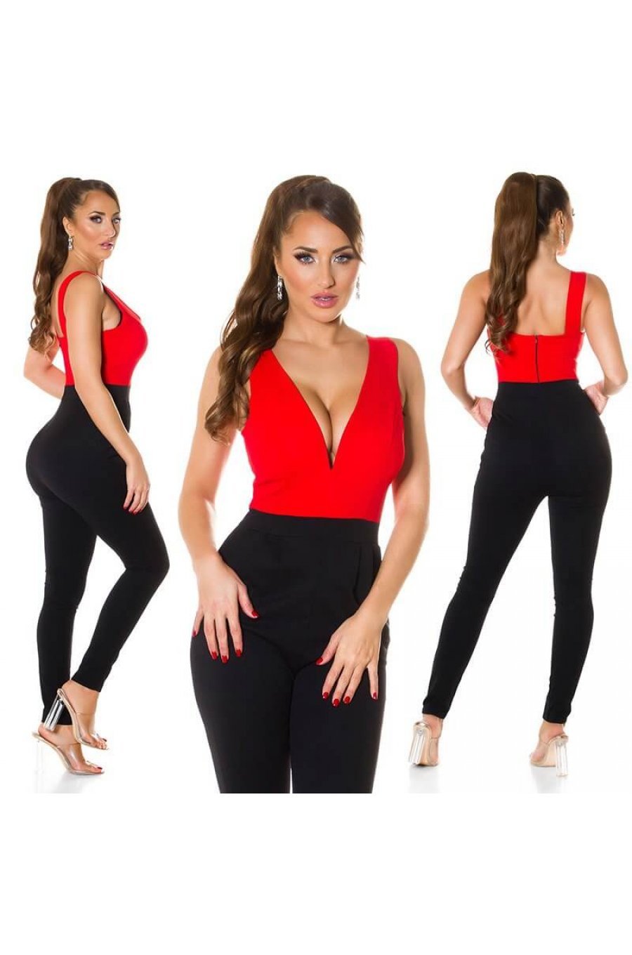 Salopeta dama neagra cu bust rosu in V Inessa 5 - jojofashion.ro