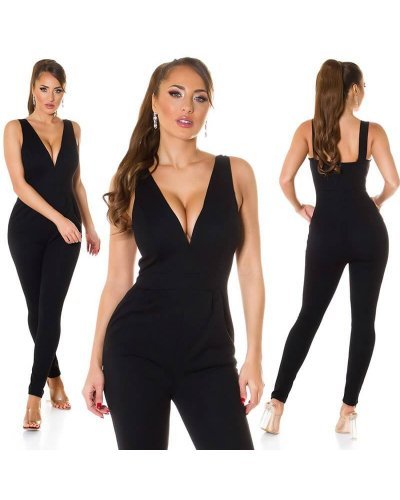 Salopeta neagra eleganta cu decolteu in V Inessa Salopete dama, Salopeta neagra eleganta cu decolteu in V Inessa - jojofashion.ro