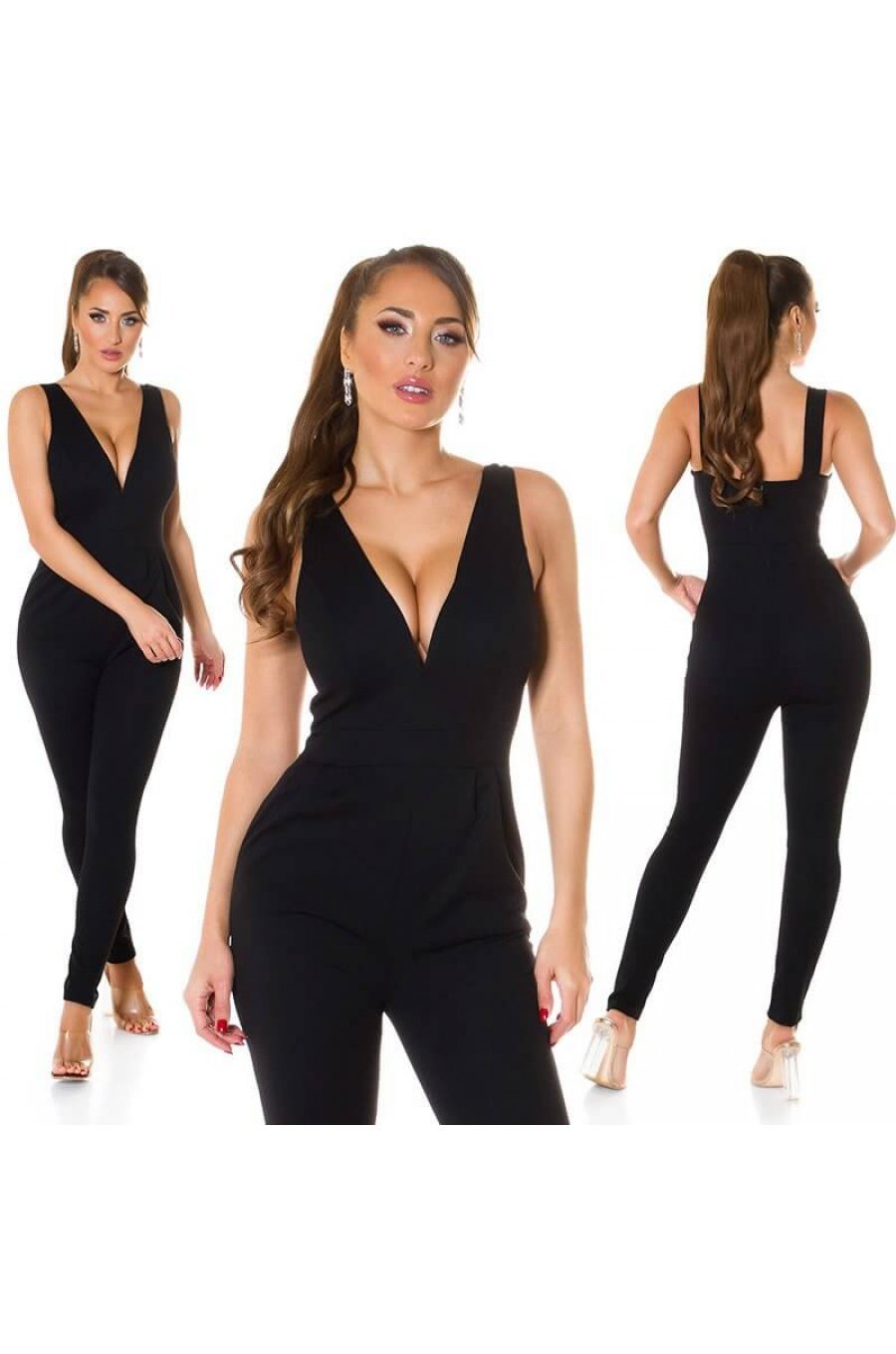 Salopeta neagra eleganta cu decolteu in V Inessa 2 - jojofashion.ro