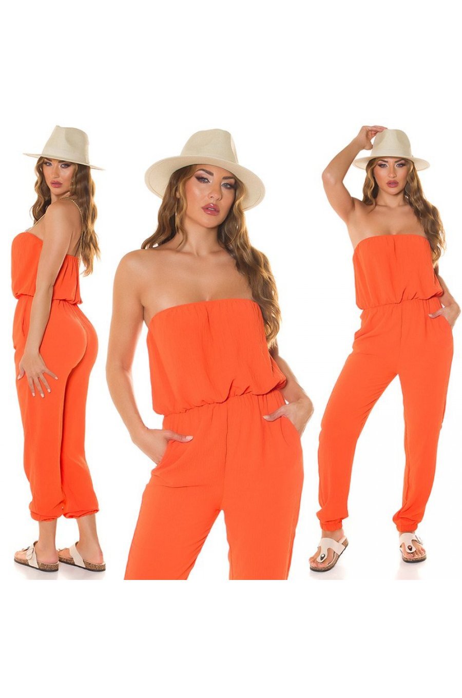 Salopeta dama orange, cu umerii goi, bandeau, Lorette 6 - jojofashion.ro