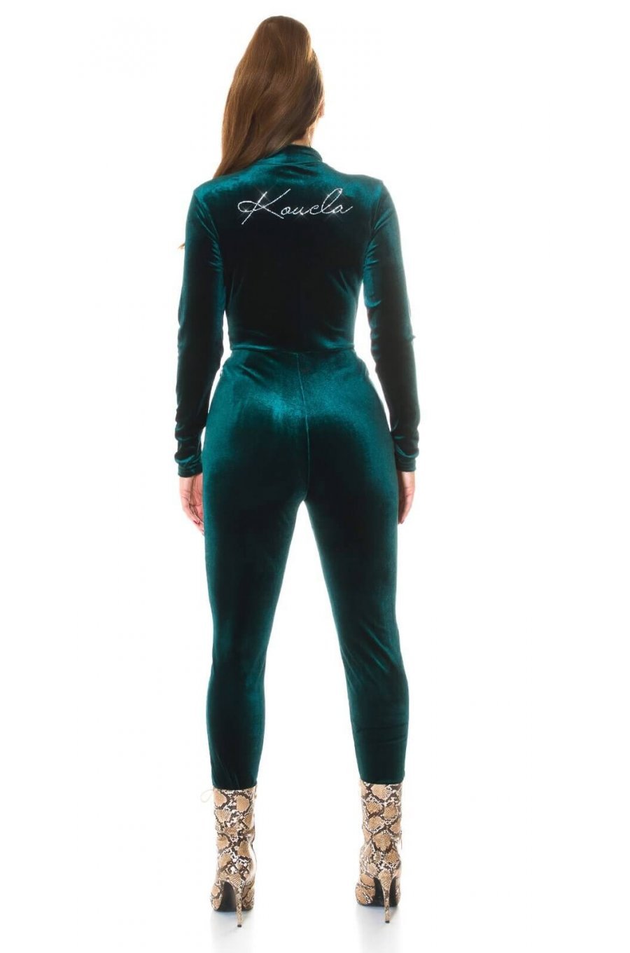 Salopeta verde turcoaz lunga din catifea cu fermoar Alice 3 - jojofashion.ro