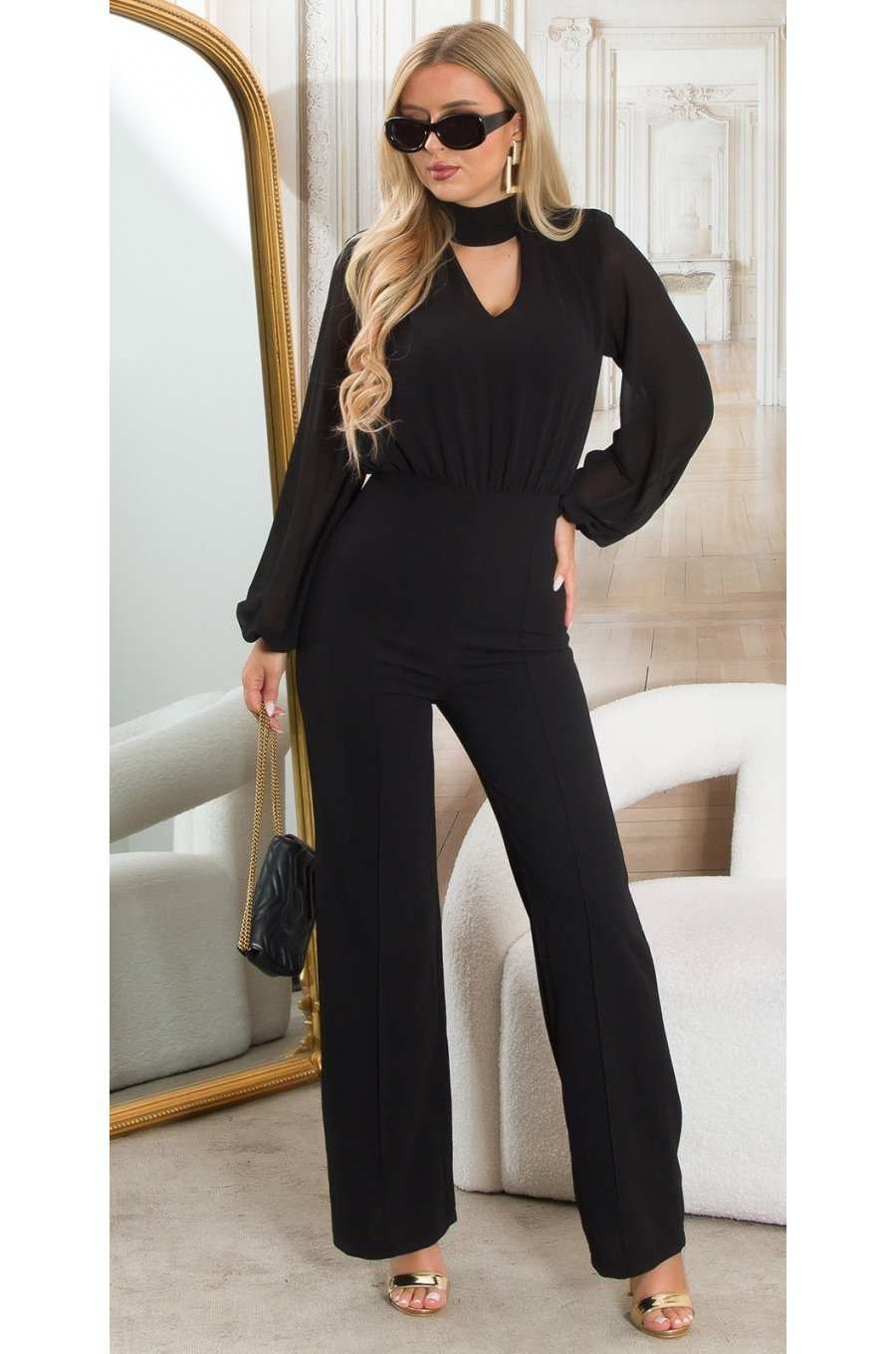 Salopeta de ocazie evazata neagra cu maneca lunga Seraya Salopeta de ocazie evazata neagra cu maneca lunga Seraya 1 - jojofashion.ro