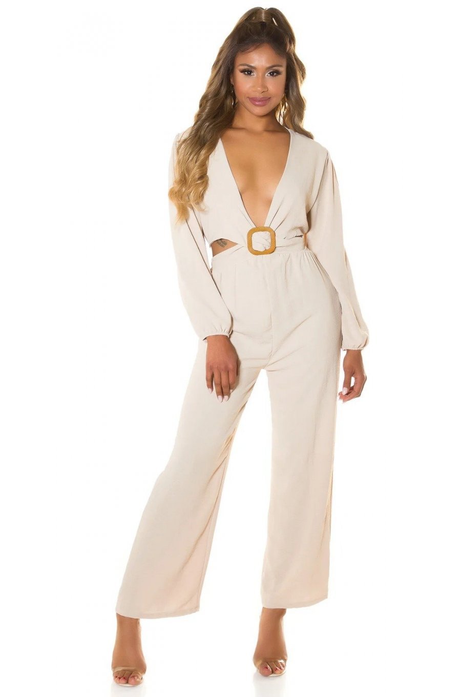 Salopeta dama dama evazata bej de vara Lazza 1 - jojofashion.ro