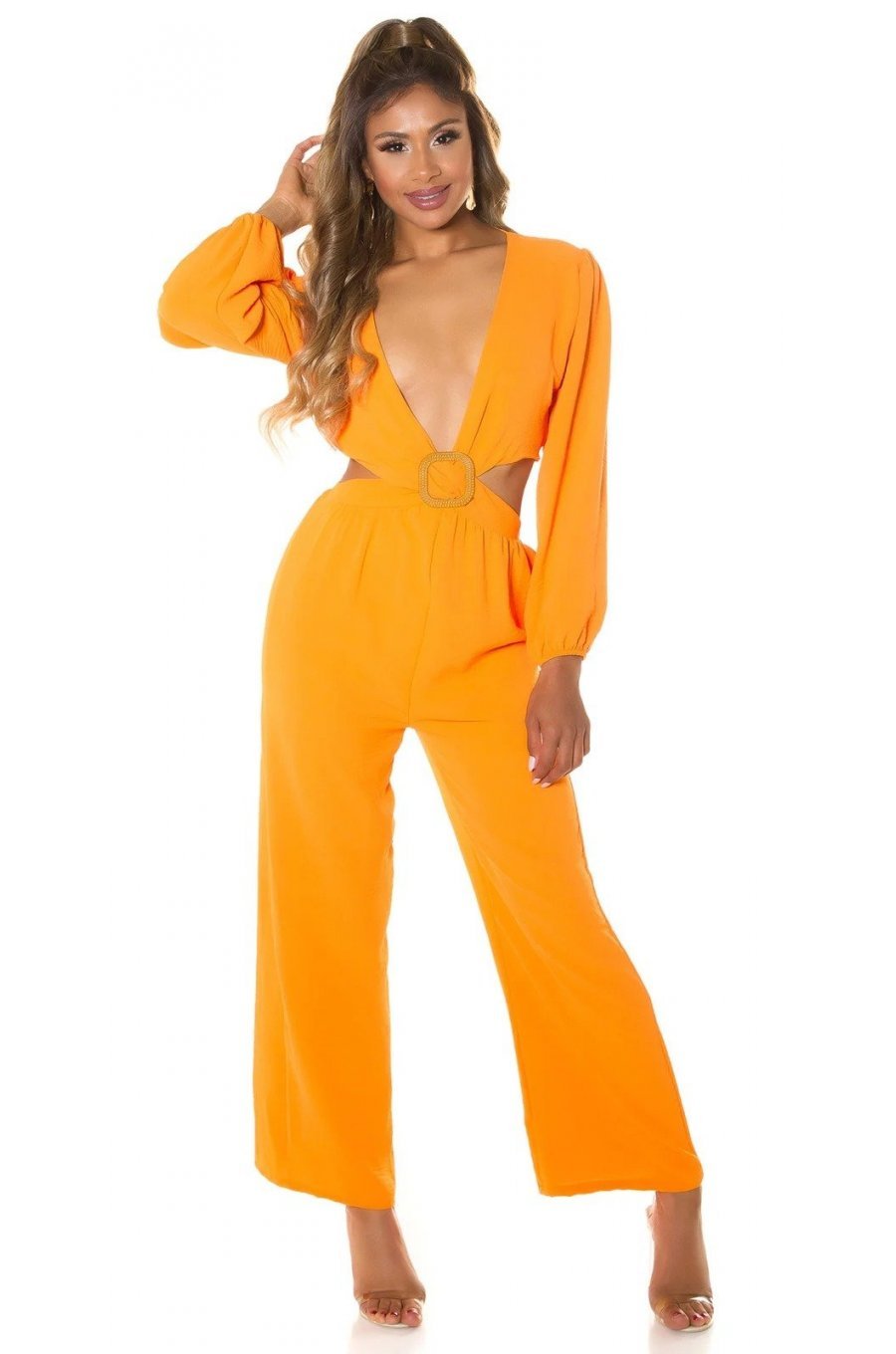 Salopeta eleganta evazata orange de vara Lazza 3 - jojofashion.ro