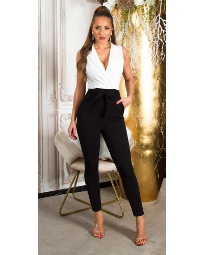 Salopeta eleganta dama office petrecuta alb cu negru Lizette Salopete dama, Salopeta eleganta dama office petrecuta alb cu negru Lizette - jojofashion.ro