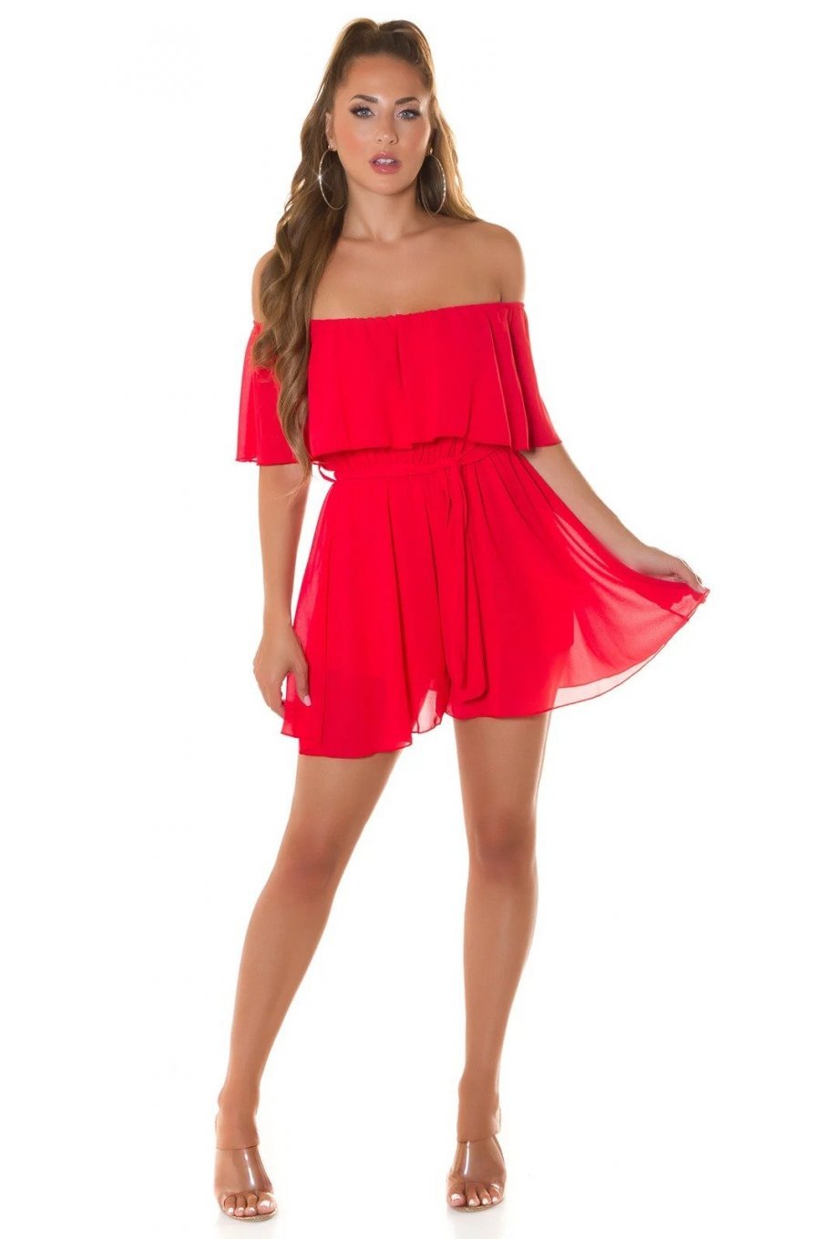 Salopeta eleganta scurta rosie cu volan Catrin Salopeta eleganta scurta rosie cu volan Catrin 1 - jojofashion.ro