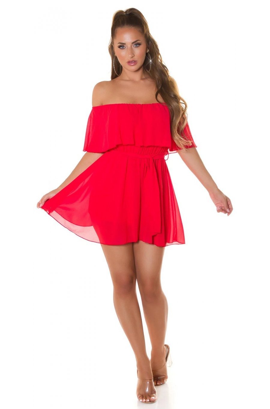Salopeta eleganta scurta rosie cu volan Catrin Salopeta eleganta scurta rosie cu volan Catrin 3 - jojofashion.ro