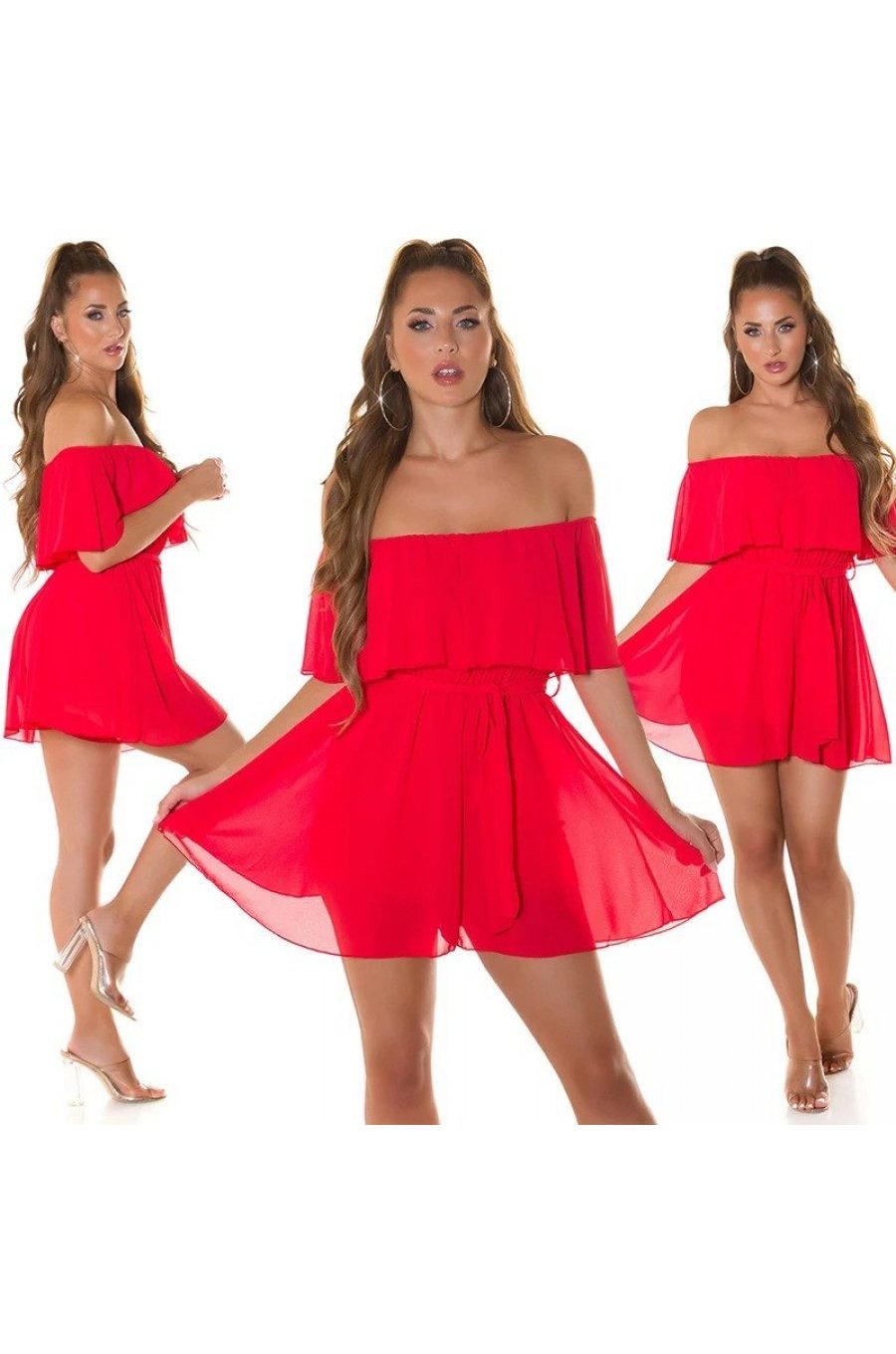 Salopeta eleganta scurta rosie cu volan Catrin Salopeta eleganta scurta rosie cu volan Catrin 5 - jojofashion.ro