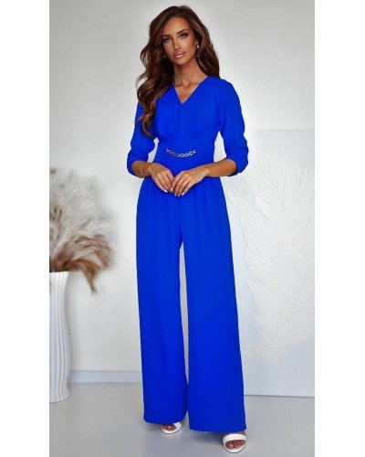 Salopeta eleganta, evazata, albastra, cu maneca trei sferturi, KatrinW Salopete dama, Salopeta eleganta, evazata, albastra, cu maneca trei sferturi, KatrinW - jojofashion.ro