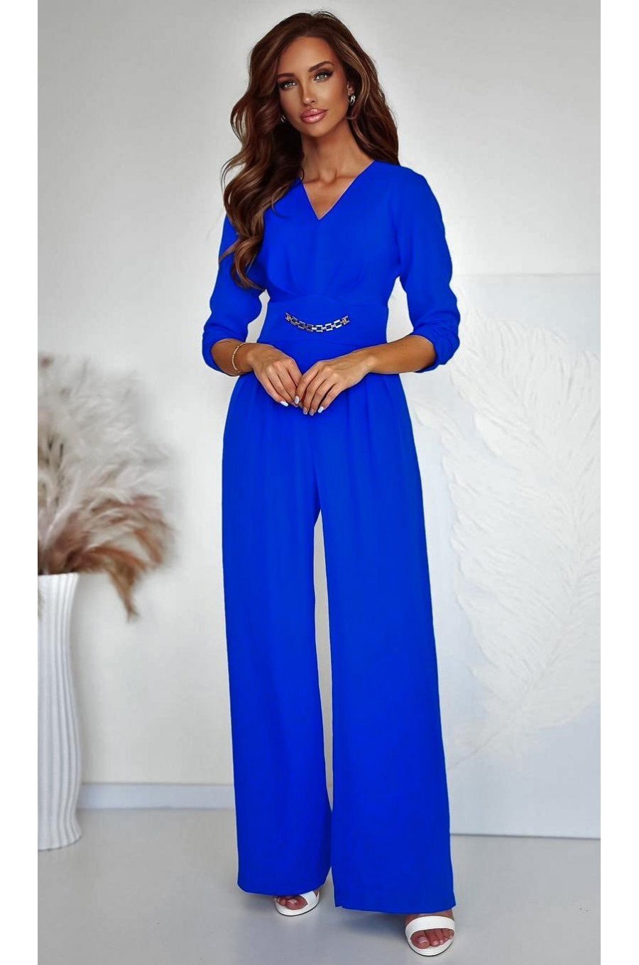 Salopeta eleganta, evazata, albastra, cu maneca trei sferturi, KatrinW Salopeta eleganta, evazata, albastra, cu maneca trei sferturi, KatrinW 1 - jojofashion.ro
