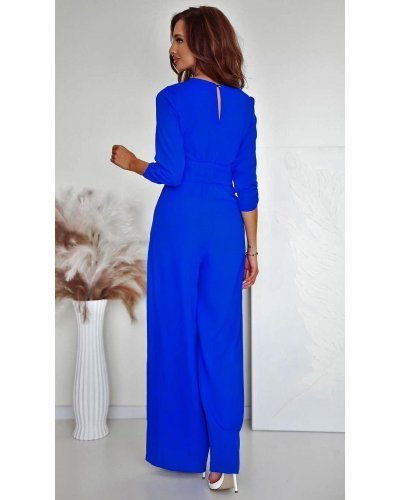 Salopeta eleganta, evazata, albastra, cu maneca trei sferturi, KatrinW Salopete dama, Salopeta eleganta, evazata, albastra, cu maneca trei sferturi, KatrinW - jojofashion.ro
