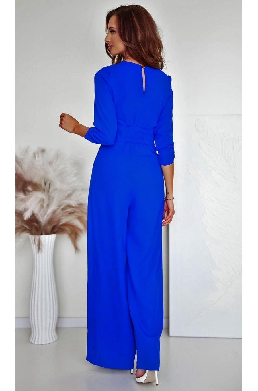 Salopeta eleganta, evazata, albastra, cu maneca trei sferturi, KatrinW Salopeta eleganta, evazata, albastra, cu maneca trei sferturi, KatrinW 2 - jojofashion.ro