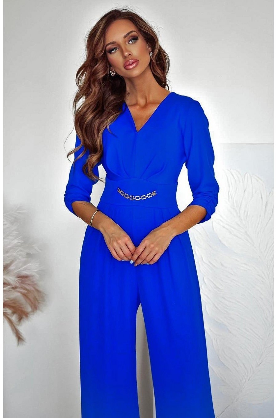Salopeta eleganta, evazata, albastra, cu maneca trei sferturi, KatrinW Salopeta eleganta, evazata, albastra, cu maneca trei sferturi, KatrinW 3 - jojofashion.ro