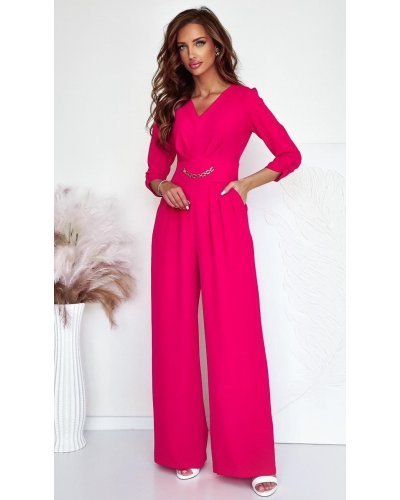 Salopeta eleganta, evazata, corai, cu maneca trei sferturi, KatrinW Salopete dama, Salopeta eleganta, evazata, corai, cu maneca trei sferturi, KatrinW - jojofashion.ro